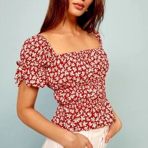 Reformation Solis Red Floral Ruffle Square Neck Top
